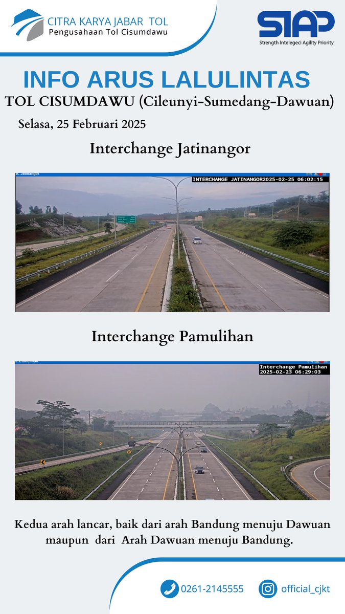 OfficialCKJT's tweet photo. 06:30 WIB #Tol_Cisumdawu Cileunyi–Sumedang-Ujung Jaya, dan arah sebaliknya ramai lancar kedua arah dengan cuaca mendung. Tetap hati-hati bagi pengendara, jaga batas kecepatan maximum &amp; minimum, jaga jarak aman kendaraan, serta gunakan sabuk keselamatan. https://t.co/7KLbtHYEm8