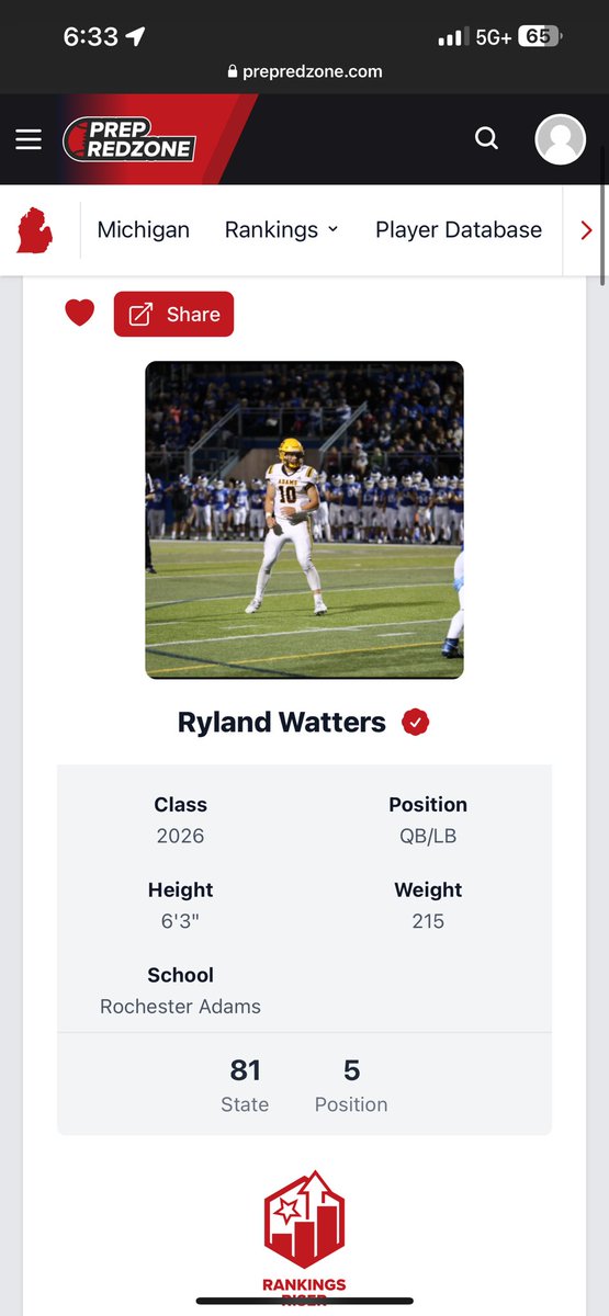 Ryland (Rino) Watters (@rylandwatters) on Twitter photo Thankful for being ranked as a top 5 Qb in the state! <a href="/R_AdamsFootball/">Rochester Adams Football</a> <a href="/alex_pallone/">Alex Pallone</a> <a href="/MichFBFrenzy/">Michigan Prep Frenzy</a> <a href="/QualityQBs/">Joseph Boisture</a> Thankful for being ranked as a top 5 Qb in the state! <a href="/R_AdamsFootball/">Rochester Adams Football</a> <a href="/alex_pallone/">Alex Pallone</a> <a href="/MichFBFrenzy/">Michigan Prep Frenzy</a> <a href="/QualityQBs/">Joseph Boisture</a>