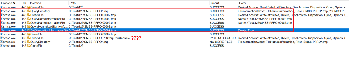 #pentest : output files with the naming format "SMSS-PFRO*.tmp". Set \CurrentControlSet\Control\Session Manager\TempFileDirectory pointing to this, add  "ClearTempFiles" with value 1. SMSS will automatically clear these files without you having to get your hands dirty.
#redteam