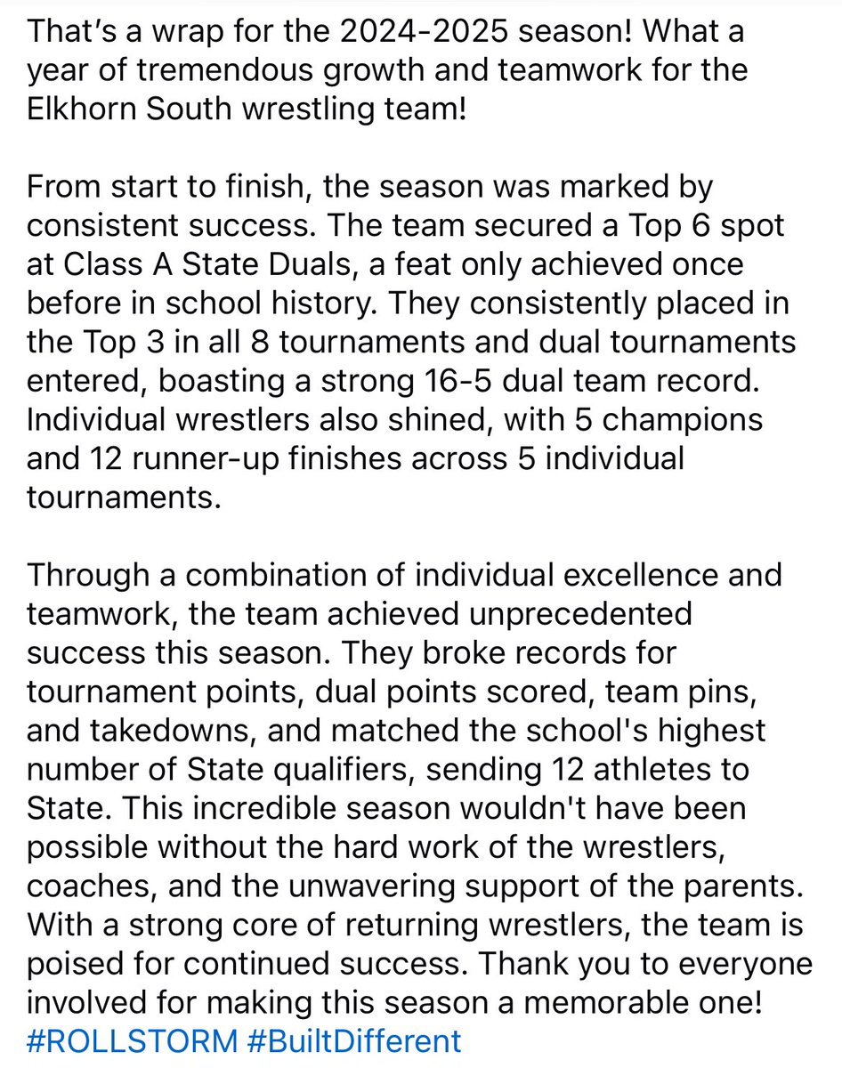 Elkhorn South Storm Wrestling (@wrestlingeshs) on Twitter photo That’s a wrap for the 2024-2025 season! What a year of tremendous growth and teamwork for the Elkhorn South wrestling team!
#ROLLSTORM
<a href="/ROrtmeier/">Roger Ortmeier</a> <a href="/ElkhornPS_ESHS/">Elkhorn South HS</a> <a href="/ESStormCell/">StormCell</a> <a href="/DCPGSports/">DC Post-Gazette</a> That’s a wrap for the 2024-2025 season! What a year of tremendous growth and teamwork for the Elkhorn South wrestling team!
#ROLLSTORM
<a href="/ROrtmeier/">Roger Ortmeier</a> <a href="/ElkhornPS_ESHS/">Elkhorn South HS</a> <a href="/ESStormCell/">StormCell</a> <a href="/DCPGSports/">DC Post-Gazette</a>