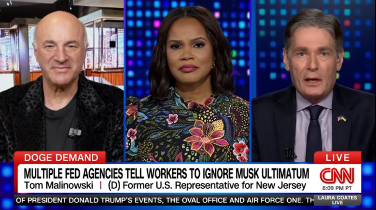 Porter_Anderson's tweet photo. Media: In a quiet, respectful debate led by @TheLauraCoates, former NJ Rep. (D) @Malinowski answers @kevinolearytv's assertion that 'We've never audited government for 100 years.' : 
#Malinowski: "It helps to know some things if we're going to have this debate.
"Every agency of the federal government is audited by independent inspectors general. @USAID_Office was audited over 60 times last year, and one of the first things" the #Trump administration did "was to fire all of the inspectors general. They fired the auditors ... "Kevin, what you're talking about ["deep cuts"] might work for a company that makes widgets, because we can do without the company that makes widgets for a few months while you get in there [and] restructure it. 
"You can't do that to the @FAANews unless people aren't going to fly in planes for the next four or five months. 
"You can't do that to the @DeptofDefense unless you don't want to defend this country for the next four or five months. 
"It's ridiculous that we're even having this argument. "And I'm someone who believes there's waste in government and there's ways to get at it. But not by firing everybody first, shutting things down, while you investigate.
"Do the investigation work with Congress, work with these employees, do it right. It's been done before."