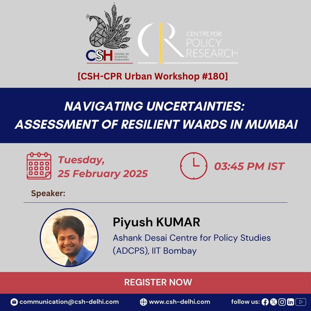CSH (@cshdelhi) on Twitter photo ๐ข<a href="/CSHDelhi/">CSH</a> & <a href="/CPR_India/">Centre for Policy Research</a> Urban Workshop nยฐ180
๐Navigating Uncertainties: Assessment of Resilient Wards in Mumbai by Piyush Kumar (<a href="/Piyushkum92/">Piyush</a>) <a href="/iitbombay/">IIT Bombay</a>
๐๏ธ 25 Feb 2025๐ปZoom Webinar
๐Registration: rb.gy/dz3jib ๐ข<a href="/CSHDelhi/">CSH</a> & <a href="/CPR_India/">Centre for Policy Research</a> Urban Workshop nยฐ180
๐Navigating Uncertainties: Assessment of Resilient Wards in Mumbai by Piyush Kumar (<a href="/Piyushkum92/">Piyush</a>) <a href="/iitbombay/">IIT Bombay</a>
๐๏ธ 25 Feb 2025๐ปZoom Webinar
๐Registration: rb.gy/dz3jib