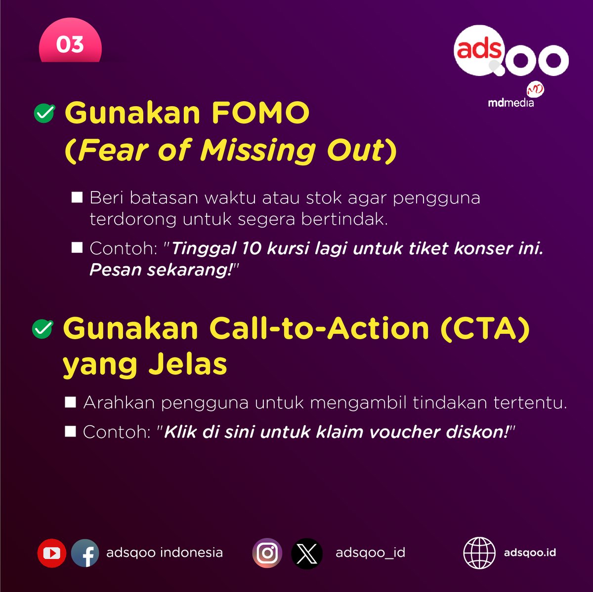 Adsqoo_id's tweet image. 5. Gunakan FOMO (fear missing out)
6. Gunakan Call to Action yang jelas
#pushnotificationads #Iklanpushnotifikasi #adsqoo