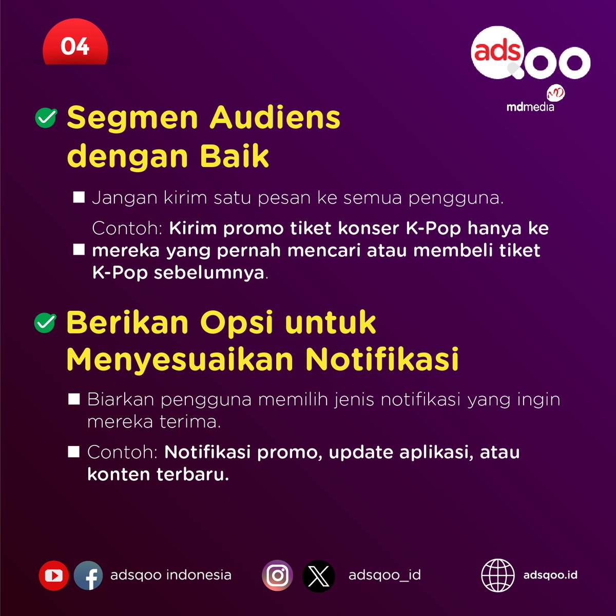 Adsqoo_id's tweet image. 7. Segment audiens dengan baik
8. Berikan Opsi untuk meyesuaikan Notifikasi
#pushnotificationads #Iklanpushnotifikasi #adsqoo