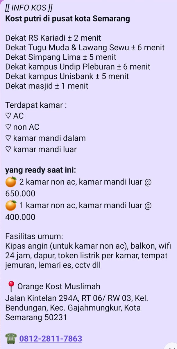 lyyyylaaaaaa's tweet photo. [[ INFO KOS ]]
Kost putri di pusat kota Semarang

Dekat RS Kariadi ± 2 menit
Dekat OJK Jateng ± 3 menit
Dekat Simpang Lima ± 5 menit
Dekat kampus Unisbank ± 5 menit
Dekat kampus Undip Pleburan ± 6 menit
Dekat Tugu Muda &amp; Lawang Sewu ± 6 menit https://t.co/CWEnMZjMGG