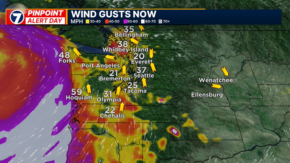 Winds starting to rise across interior of Western Washington. Expect gusts to sharply ramp up through 11 p.m. and be very strong all night long with most locations seeing gusts 40-55 mph. #wawx #wawind