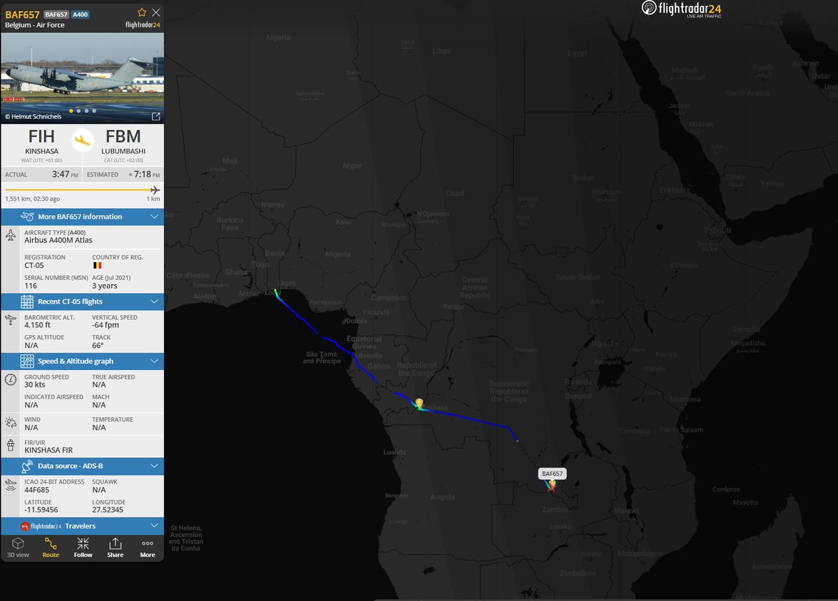Dinlas3's tweet photo. #BAF657 🇧🇪Belgium Air Force (BAF) Airbus A400M Atlas w/ reg. CT-05 from Brussels to 🇨🇩Lubumbashi, DRC via Mahón, 🇧🇯Cotonou, and 🇨🇩Kinshasa. #44F685 @Borrowed7Time @sipjack1776 https://t.co/KUcbgaqMzr