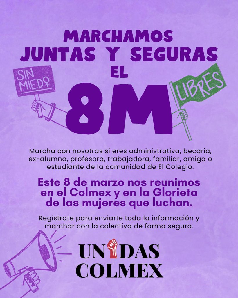 ¡Convocatoria abierta para la marcha del #8M! 💜 
Regístrate en este link para agregarte al grupo y enviarte toda la información.

¡Marchamos juntas y seguras! 💜💚

forms.gle/kz9Ng2dH4dUxyX…