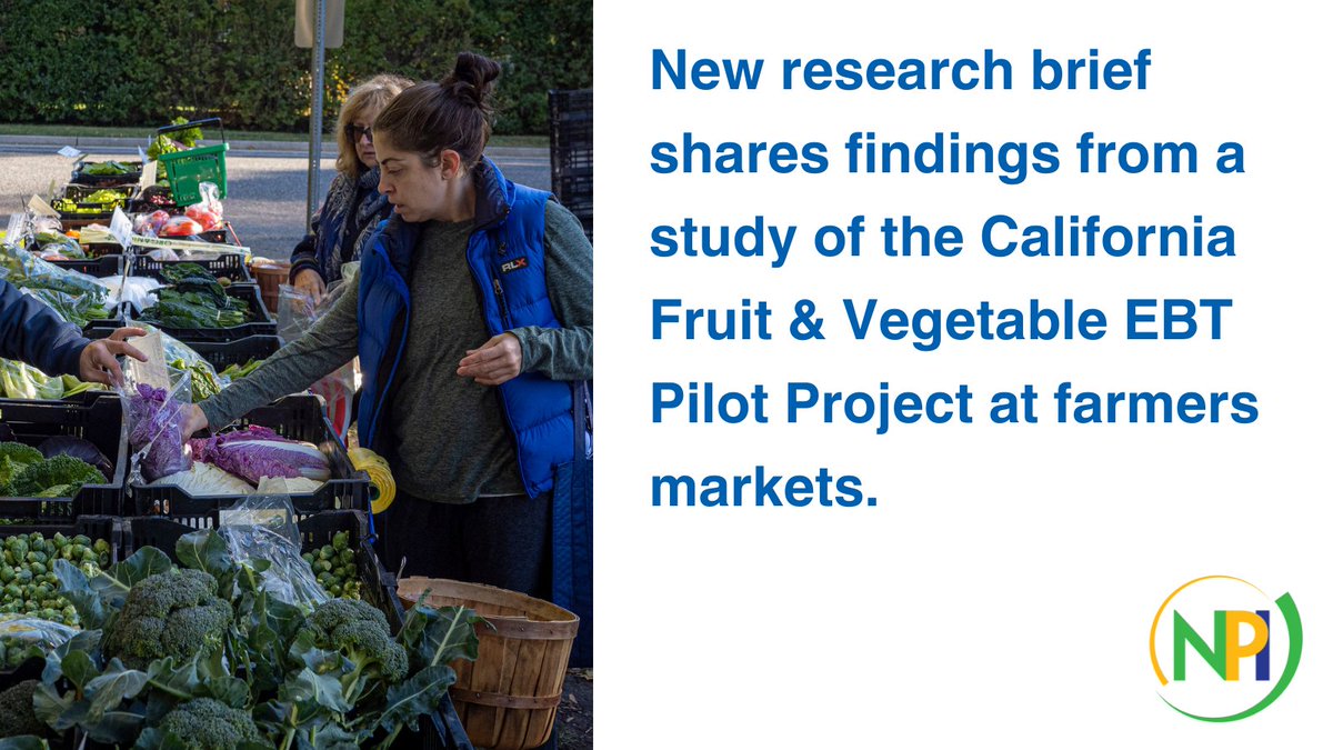 New <a href="/UCnpi/">UC Nutrition Policy</a> research on California’s Fruit &amp; Vegetable EBT Pilot at farmers markets! 🍎🥕 While SNAP shoppers appreciated flexibility and more $ for fruits and vegetables, most benefits earned at farmers markets were spent at grocery stores. Read more: npi.ucanr.edu/?blogpost=6174…
