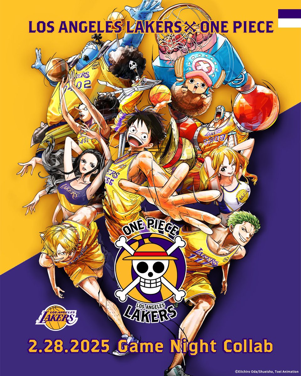 animetv_jp's tweet photo. 【Collaboration Visual】
ONE PIECE x Los Angeles Lakers 

Luffy and the Straw Hat Pirates are joining the LA Lakers Game Night Collab on February 28, 2025. Stay tuned!

🏀More: https://t.co/ou97EbV1nU https://t.co/AMpIQBgMdi