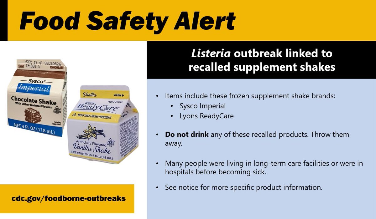 North Carolina is one of 21 states affected by a Listeria outbreak linked to Lyons Magnus supplement shakes,  under brands Sysco Imperial and Lyons ReadyCare. Throw away any recalled products; do not drink them. Learn more: cdc.gov/listeria/outbr…