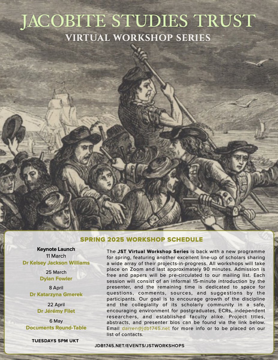 It's always a pleasure to announce the release of a new JST #JacobiteStudies Virtual Workshop Series programme, &amp; our Spring 2025 roster is no exception. We'll be kicking things off on 11 Mar with a keynote from the inimitable Dr Kelsey Jackson Williams.

jdb1745.net/events/jstwork…
