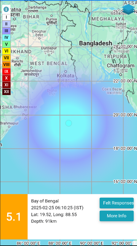 EQ of M: 5.1, On: 25/02/2025 06:10:25 IST, Lat: 19.52 N, Long: 88.55 E, Depth: 91 Km, Location: Bay of Bengal. 
For more information Download the BhooKamp App 
riseq.seismo.gov.in/riseq/earthqua… 
<a href="/DrJitendraSingh/">Dr Jitendra Singh</a> 
<a href="/OfficeOfDrJS/">Office of Dr. Jitendra Singh</a> 
<a href="/Ravi_MoES/">Ravi</a>  
<a href="/Dr_Mishra1966/">Dr. O. P. Mishra</a> 
<a href="/ndmaindia/">NDMA India | राष्ट्रीय आपदा प्रबंधन प्राधिकरण 🇮🇳</a>