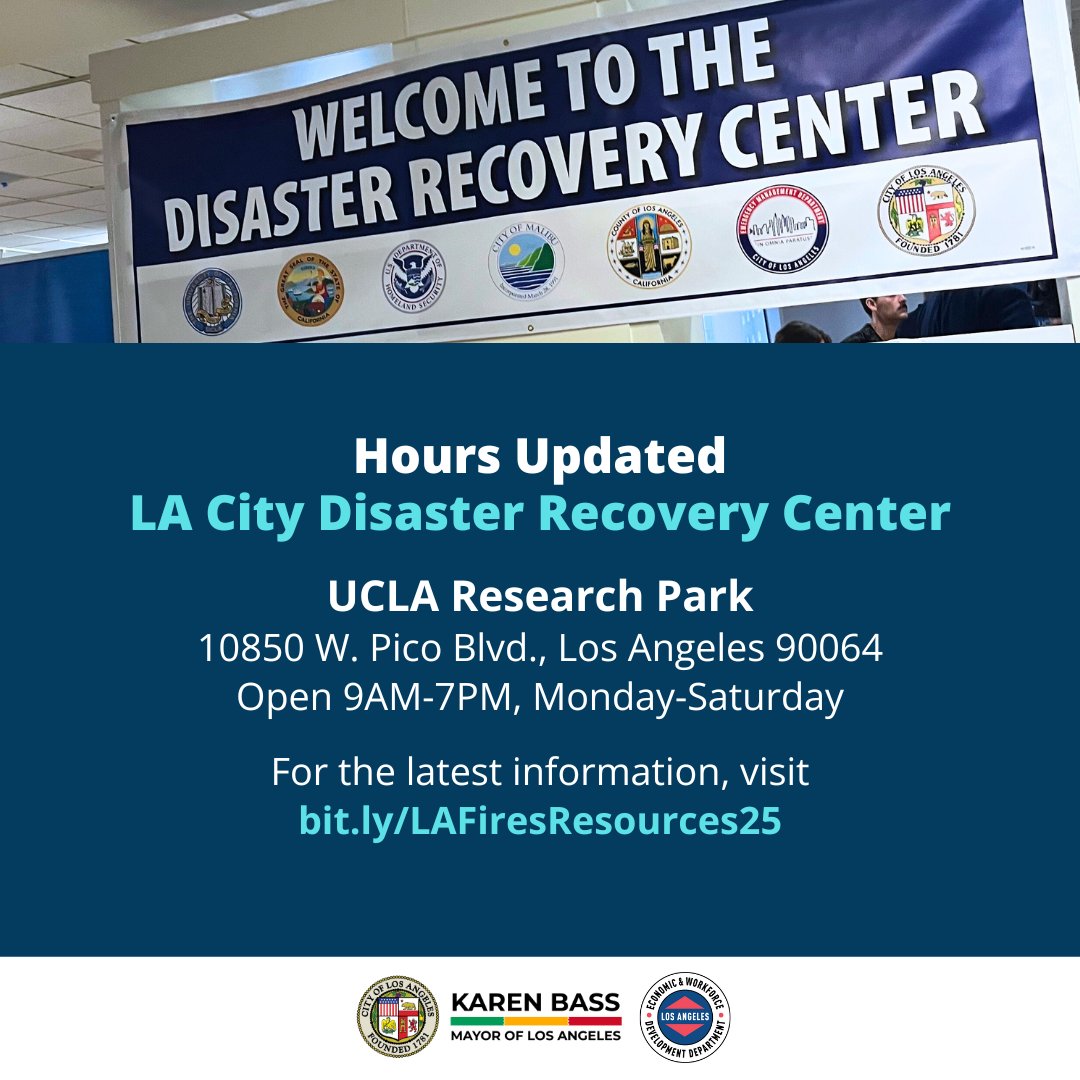 Effective today, the Disaster Recovery Center located at UCLA Research Park will now be open Monday-Saturday from 9AM to 7PM.

EWDD remains on-site to provide information about employment assistance and business services.

For the latest information, visit bit.ly/LAFiresResourc…