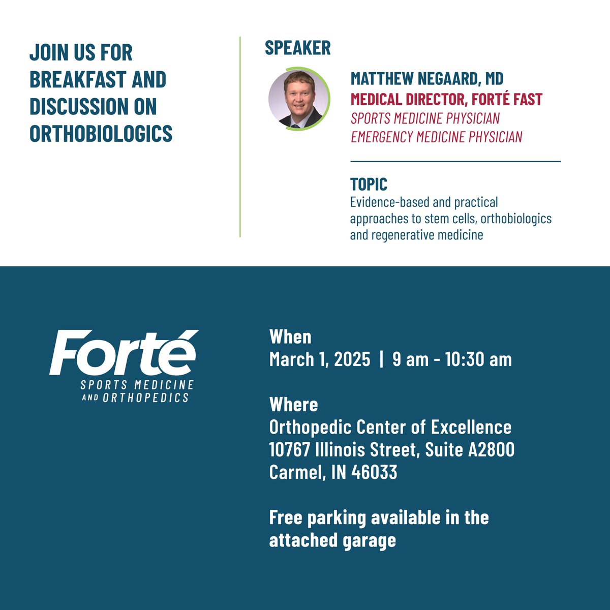 Join Dr. Matthew Negaard, sports medicine physician, for a free breakfast and discussion on stem cells, orthobiologics and regenerative medicine. Plus, a tour of the Orthopedic Center of Excellence. Sign up for the free upcoming seminar here: bit.ly/42iWxmT.