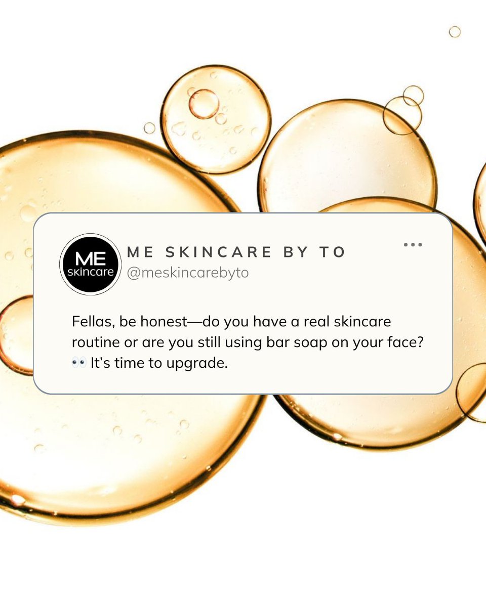 meskincarebyto's tweet image. Fellas, it’s time to step up your skincare game! 🚿 Ditch the bar soap and upgrade to a routine that actually works. Your skin deserves better. Are you ready to make the switch? 👀 

#MESkincare #UpgradeYourRoutine #HealthySkin