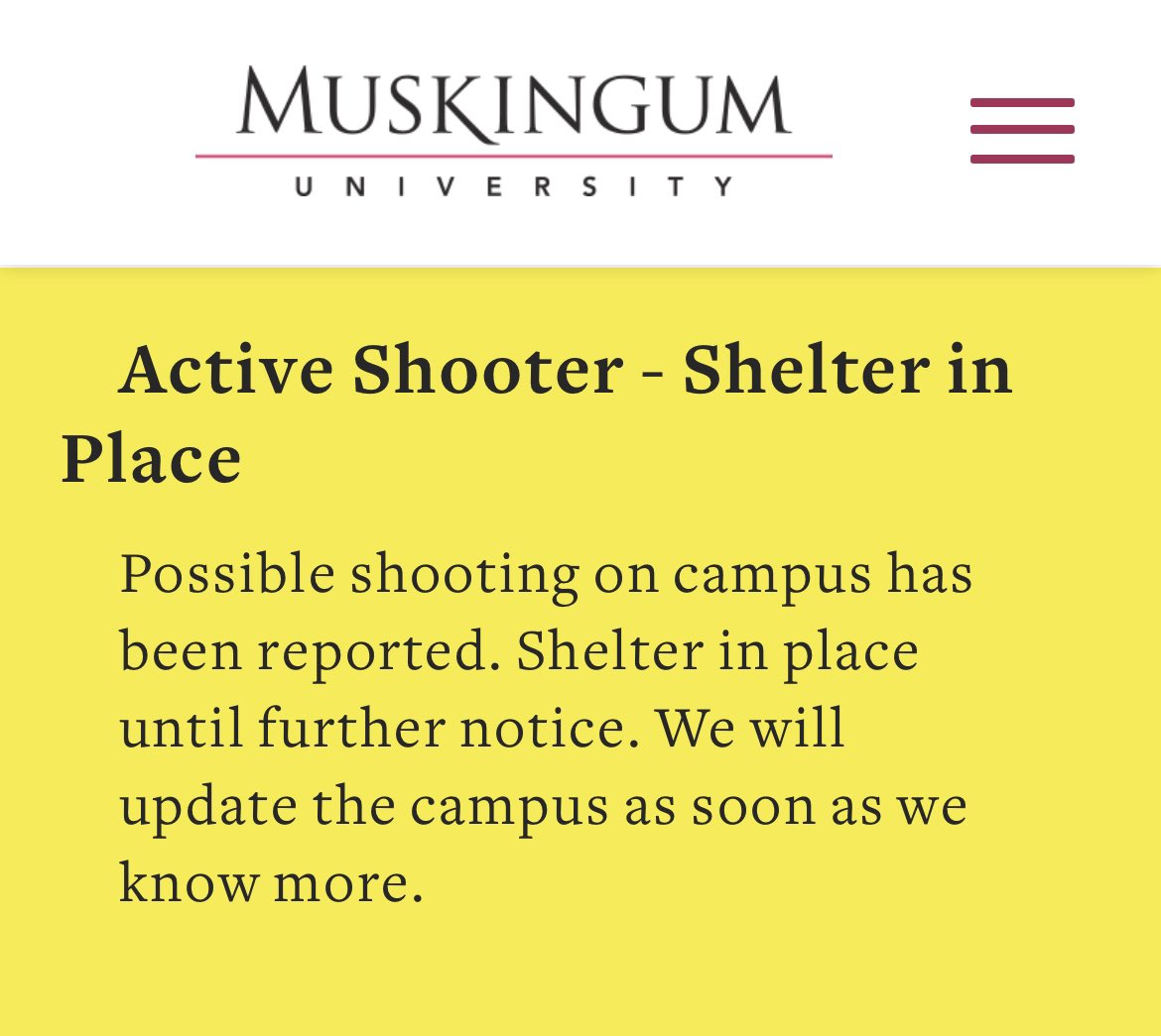 Isabelle Hanson (@isabellewsyx6) on Twitter photo BREAKING NEWS: Possible active shooter at Muskingum University. Everyone there is advised to shelter in place.
🔗: abc6onyourside.com/news/local/she… <a href="/wsyx6/">WSYX ABC 6</a> <a href="/fox28columbus/">FOX 28 Columbus</a> BREAKING NEWS: Possible active shooter at Muskingum University. Everyone there is advised to shelter in place.
🔗: abc6onyourside.com/news/local/she… <a href="/wsyx6/">WSYX ABC 6</a> <a href="/fox28columbus/">FOX 28 Columbus</a>
