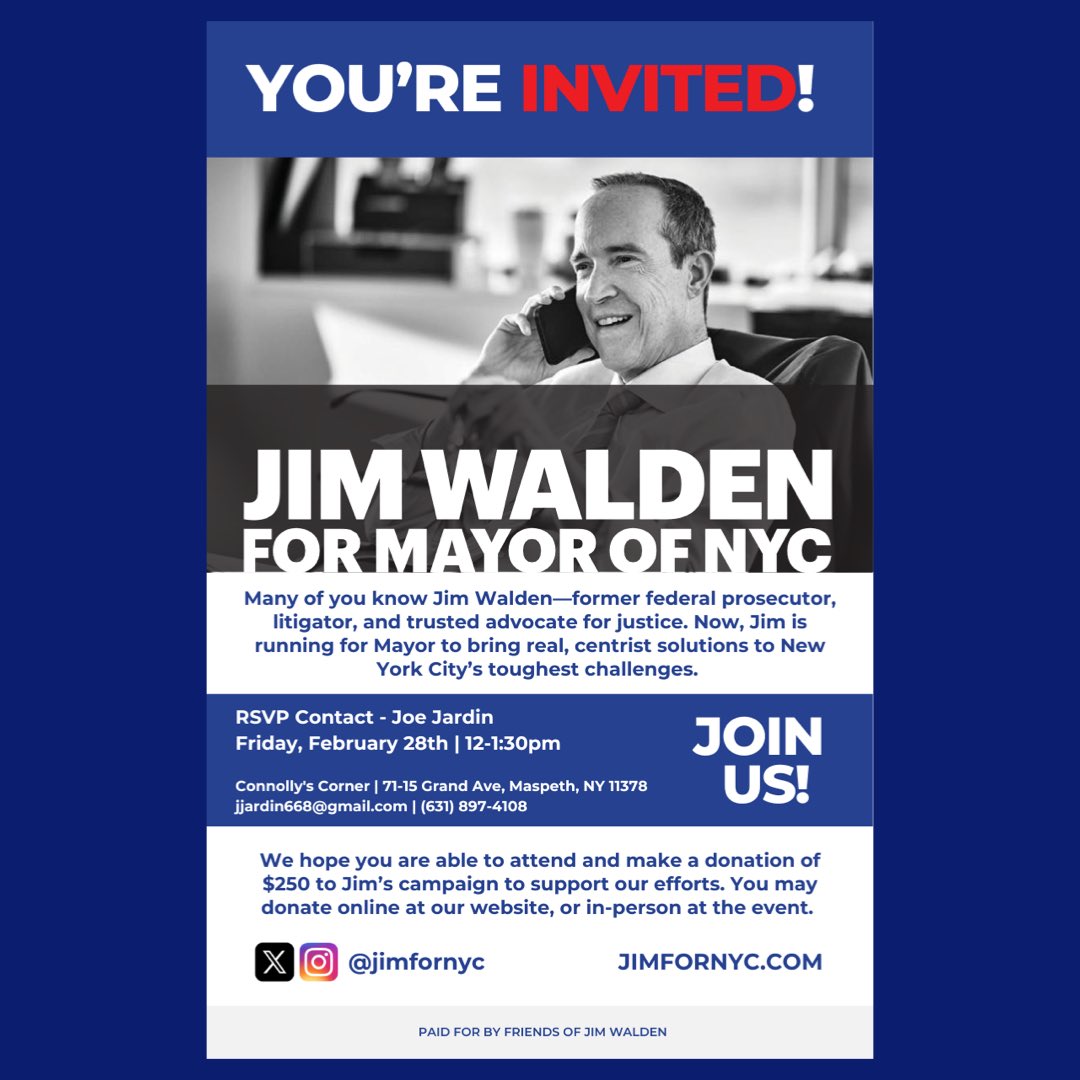 On February 28th from 12-1:30pm friends of NYC Mayoral Candidate Jim Walden are hosting a fundraising event in Maspeth