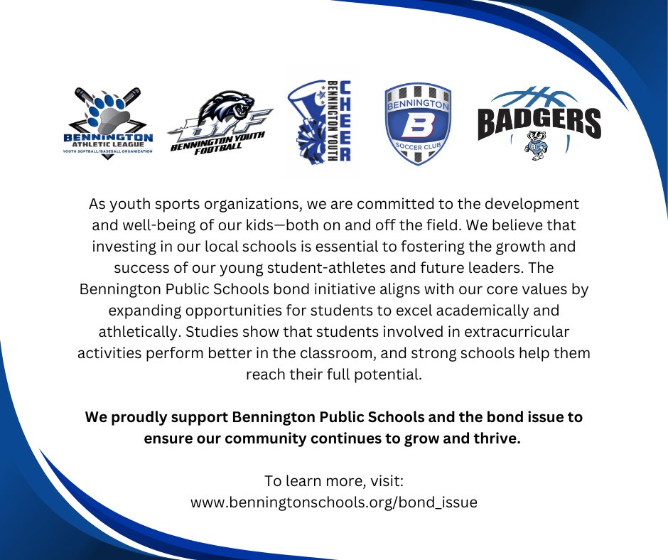 VoteYesForBPS's tweet photo. The community support for the Bennington Public Schools bond initiative has been amazing! 

We are grateful to have the support from our surrounding youth sports organizations 🏈🏀⚾️🥎⚽️📣

1️⃣5️⃣ days until ballots are due. 
Now is the time to vote 🗳️ 

Let’s Go Badgers 💙🦡 https://t.co/AtnY8tkZqf
