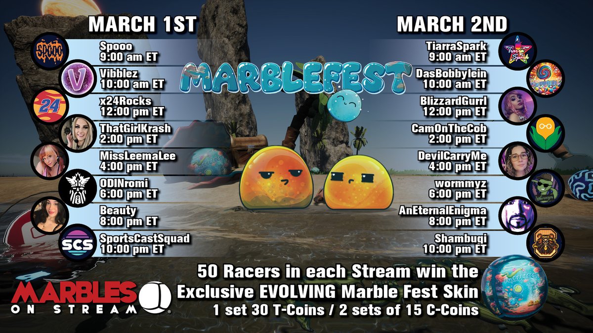 MARBLE FEST Day 2 BEGINS NOW!!!

Join <a href="/TiarraSpark/">♡Tiarra♡</a> from 9am to 10am ET for Segment 1 of Day 2! 50 racers from each Segment will win a level of the Marble Fest skin!

twitch.tv/TiarraSpark

#marblesonstream #marblefest
