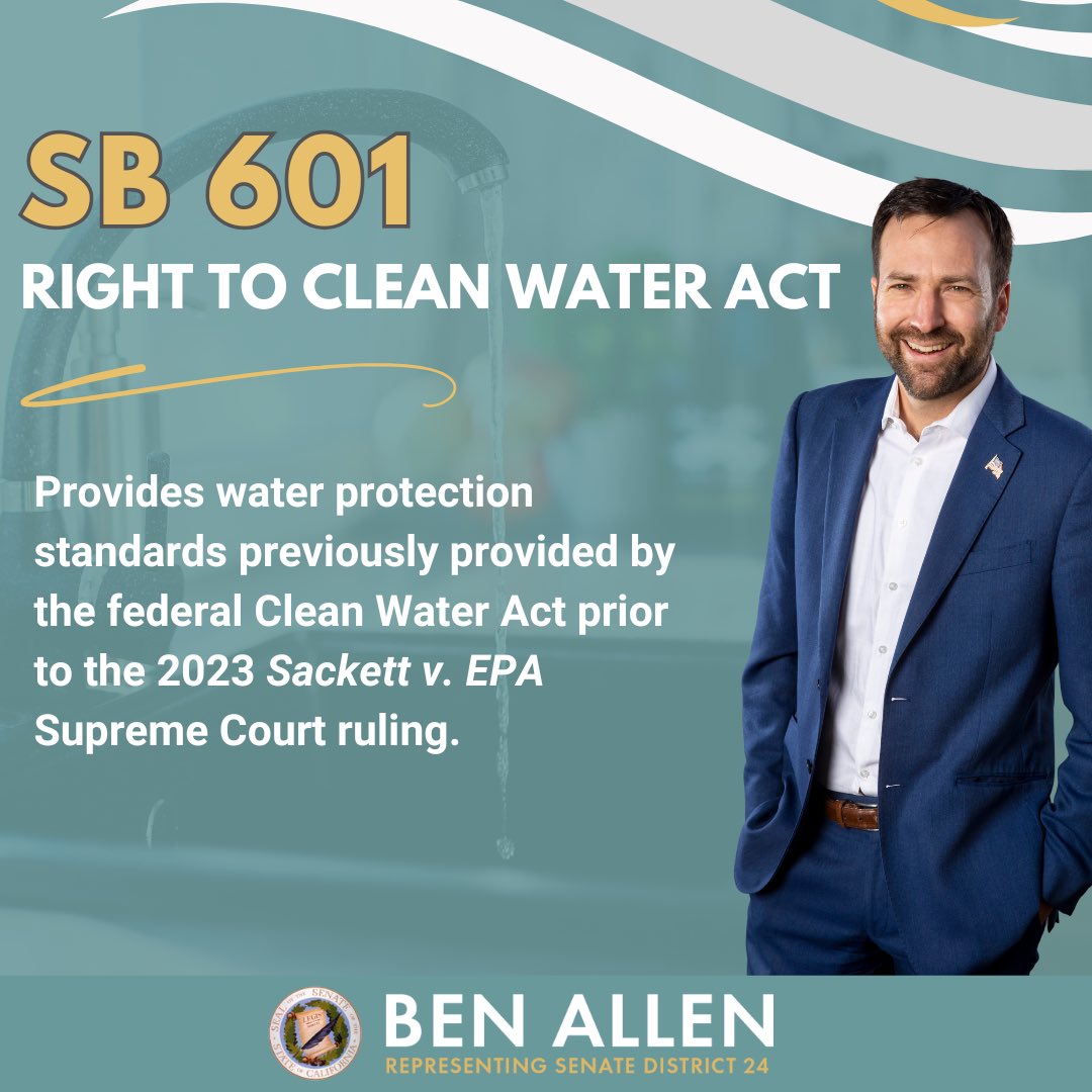 Less than two years ago, the Supreme Court stripped the federal Clean Water Act of the many strong protections it offered to waters within California.

I introduced #SB601 to fill this void left by Sackett v EPA and protect access to clean water in California.
