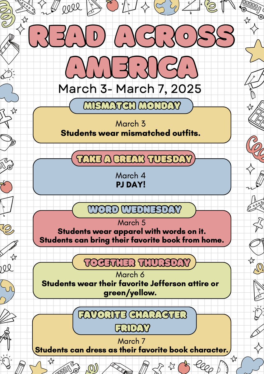 EPSDJefferson's tweet photo. ***READ ACROSS AMERICA WEEK***

Begins next Monday, March 3rd!

Time to start planning for our SPIRIT DAYS next week!

#ReadAcrossAmerica

#EastPennPROUD

#thejeffersonway

#makethedaycount

#thejeffersonway https://t.co/rUxz3OnPOk