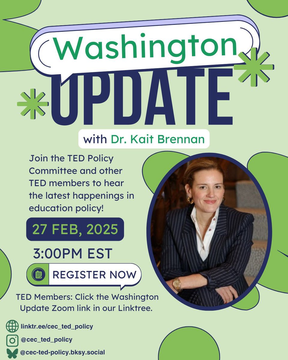 Teacher Education Division (@ted_cec) on Twitter photo Don’t miss our next Virtual Washington Update with <a href="/brennan_kait/">Dr. Kaitlyn Brennan</a> THIS Thursday, 2/27 at 3pm EST! TED Members, find the Zoom registration link in the TED Washington Update emailed to you today or the Policy Committee’s Linktree. #edpolicy #specialeducation Don’t miss our next Virtual Washington Update with <a href="/brennan_kait/">Dr. Kaitlyn Brennan</a> THIS Thursday, 2/27 at 3pm EST! TED Members, find the Zoom registration link in the TED Washington Update emailed to you today or the Policy Committee’s Linktree. #edpolicy #specialeducation