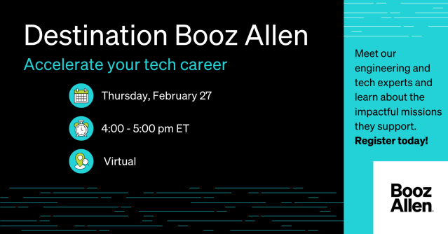 EmilieMeck's tweet photo. Join us on February 27 at 4 PM ET to connect with the innovators transforming user experiences for our nation's citizens. Reserve your spot today and explore exciting career opportunities with #LifeatBooz! #TechatFullSpeed https://t.co/FRGeO6TSEe https://t.co/12j7T7S2jo