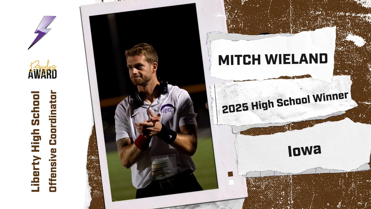 Congrats to Coach Mitch Wieland (@mitch_wieland5), Offensive Coordinator at Liberty High School in Iowa City, on winning the 2025 Iowa High School Broyles Award!  Recognizing the best assistant coaches in HS football! #BroylesAward @boltathletics17