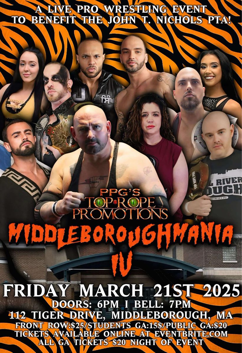 TRP and Middleboroughmania IV returns to for a Special Fundraiser for the John T Nichols Middle School PTA on Friday March 21st 
7 PM Bell Time
6 PM Doors 

Online tickets for this event are available now at
eventbrite.com/e/middleboroug…

Star and Match announcements tomorrow.