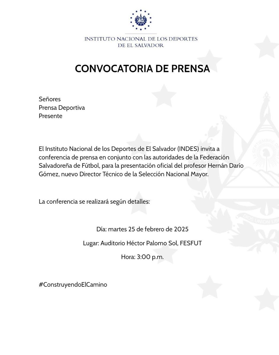📄⚽️🇸🇻

El INDES, junto a las autoridades de la <a href="/fesfut_sv/">FESFUT</a>, invitan a los medios de comunicación a la presentación oficial del nuevo director técnico de <a href="/LaSelecta_SLV/">La Selecta</a>.

#ConstruyendoElCamino