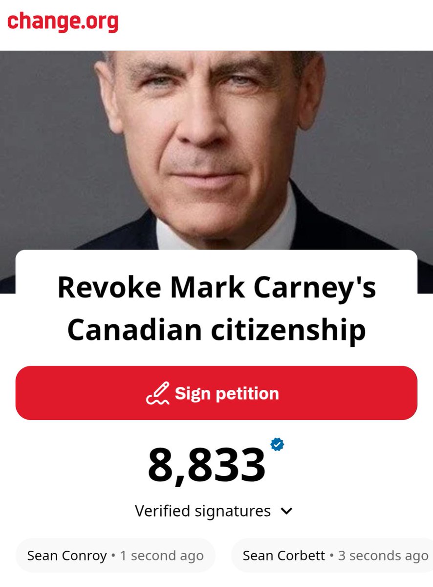From 12 signatures to 8,800 in just a few hours

This Mark Carney petition is gaining serious steam

change.org/p/revoke-mark-…