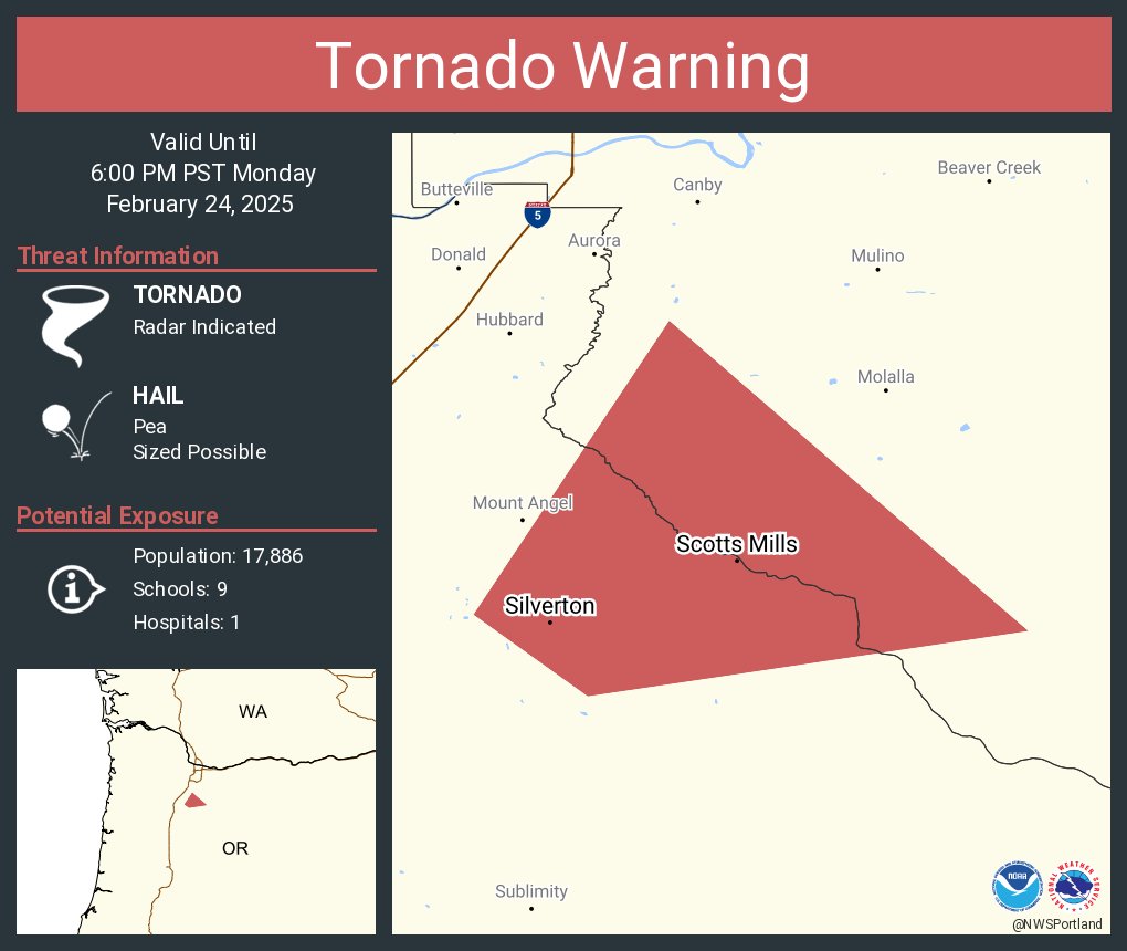 NWSPortland's tweet image. Tornado Warning continues for Silverton OR and  Scotts Mills OR until 6:00 PM PST