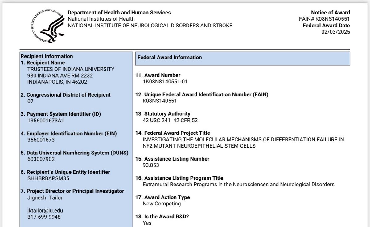 So grateful to receive an NIH career development award (K08) to study the role of NF2 gene mutations in tumorigenesis. Hoping to understand how tumors develop in patients with NF2-related schwannomatosis