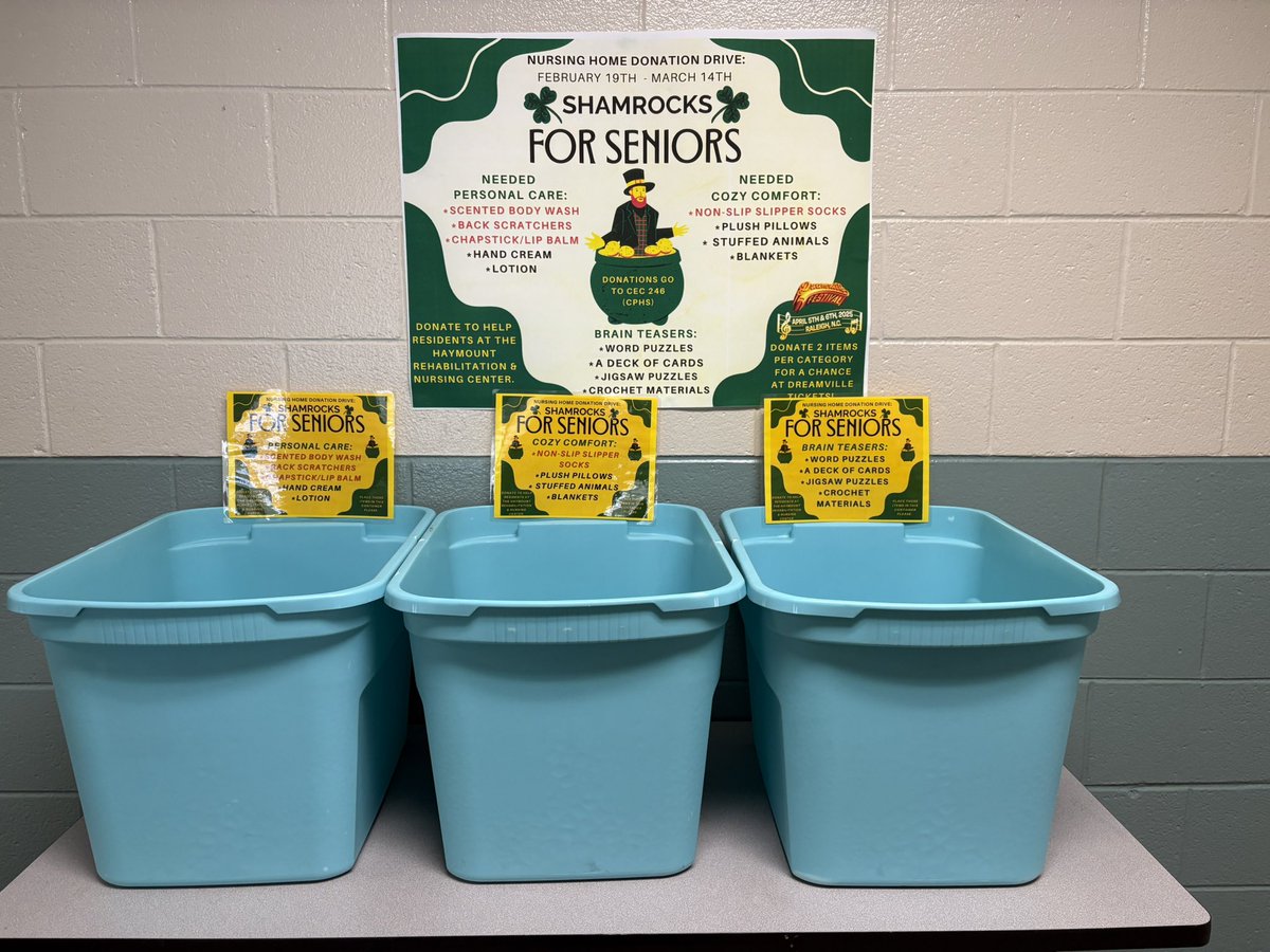 SGA is hosting ☘️Shamrocks for
Seniors☘️to collect donations for our local nursing home. Please consider getting items off the flyer that will greatly help the patients there. Drop off is at CPHS by the cafeteria. Take a chance to win Dreamville tickets!
