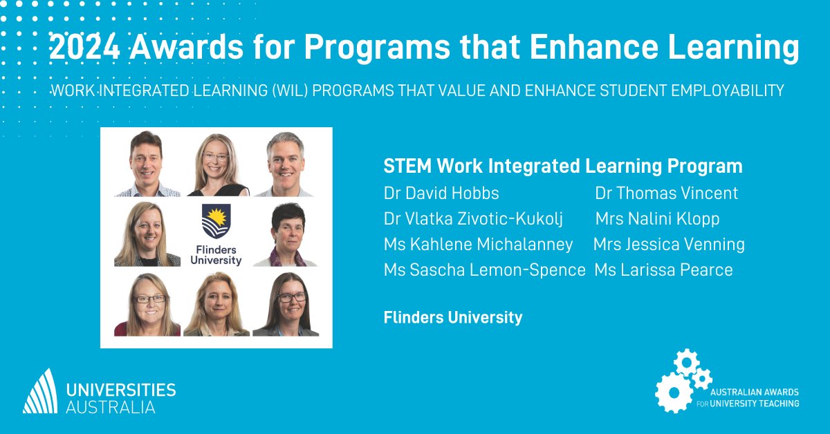 Australian Awarded University Teachers' Network (@aautnetwork) on Twitter photo Congratulations to the STEM Work Integrated Learning Program team from <a href="/Flinders/">Flinders University</a> for winning a 2024 #AAUT Award for Programs that Enhance Learning! 🎉 Their commitment to student employability through WIL is making a real impact. 👏 #HigherEd #TeachingExcellence #STEM Congratulations to the STEM Work Integrated Learning Program team from <a href="/Flinders/">Flinders University</a> for winning a 2024 #AAUT Award for Programs that Enhance Learning! 🎉 Their commitment to student employability through WIL is making a real impact. 👏 #HigherEd #TeachingExcellence #STEM