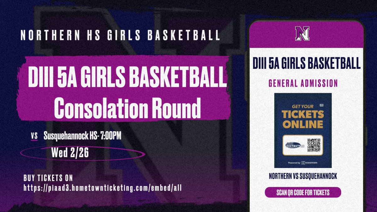 Wed 2/26- The Girls Basketball team will be hosting Susquehannock in the PIAA DIII Consolation round. 
All tickets must be purchased @ piaad3.hometownticketing.com/embed/all?tile…
Do not use any other platform to buy the tickets!
No cash sales at the venue.