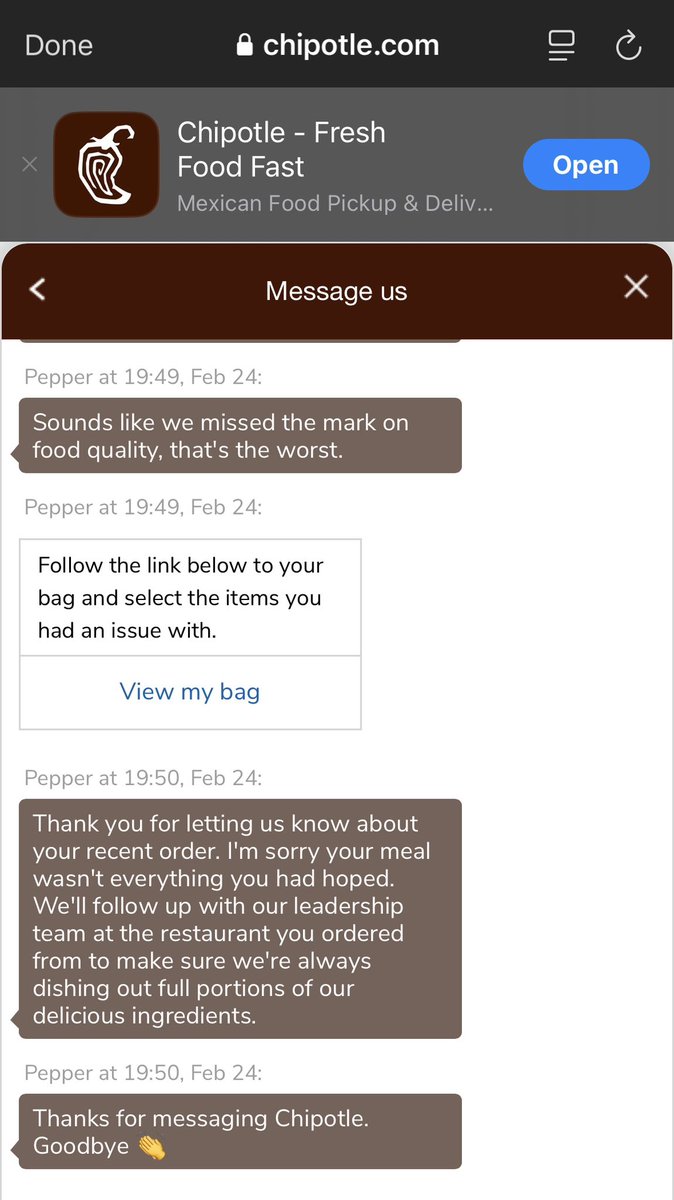 themasonmichell's tweet photo. @ChipotleTweets Filled out the support and was just told thank you for letting them know… https://t.co/60ra9uF2YD