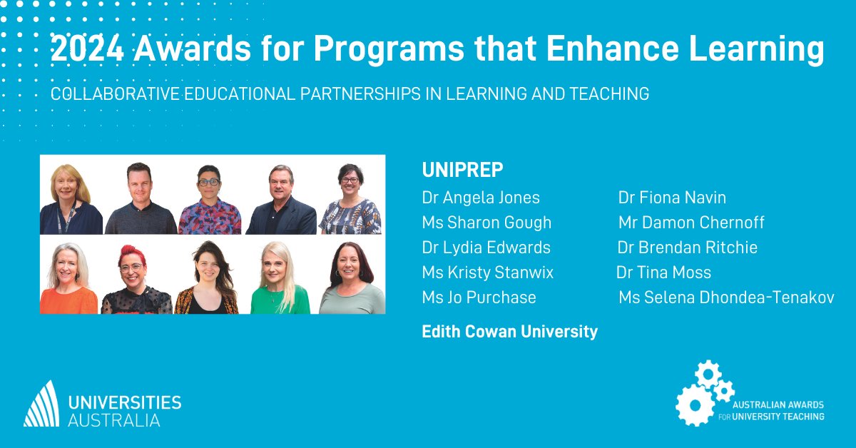 Australian Awarded University Teachers' Network (@aautnetwork) on Twitter photo 👏 Congratulations to the UniPrep Team at <a href="/EdithCowanUni/">Edith Cowan University (ECU)</a> for receiving a 2024 #AAUT Award for Programs that Enhance Learning!
UniPrep provides a vital pathway for students to access higher education, transforming lives through inclusive and supportive learning experiences. 🏆 👏 Congratulations to the UniPrep Team at <a href="/EdithCowanUni/">Edith Cowan University (ECU)</a> for receiving a 2024 #AAUT Award for Programs that Enhance Learning!
UniPrep provides a vital pathway for students to access higher education, transforming lives through inclusive and supportive learning experiences. 🏆