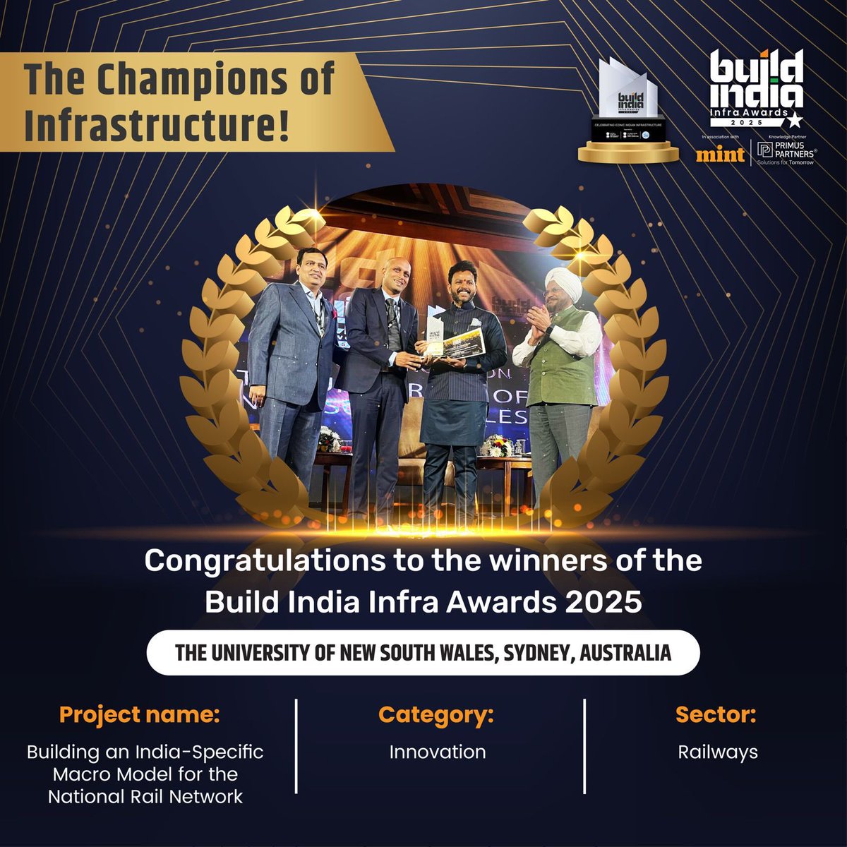 vaibhav_74's tweet photo. 🚆 Pioneering Innovation in Rail Infrastructure! 🚆
Congratulations to The University of New South Wales, Sydney, Australia for winning the #BuildIndiaInfraAwards 2025! 🎉
🏆 Project: Building an India-Specific Macro Model for the National Rail Network
💡 Category: Innovation
🚄 Sector: Railways
A step towards smarter, more efficient railway networks! 🇮🇳✨ #BuildIndia #InfraAwards2025 #Innovation #RailwayTransformation
@RailMinIndia @AshwiniVaishnaw @PIB_India