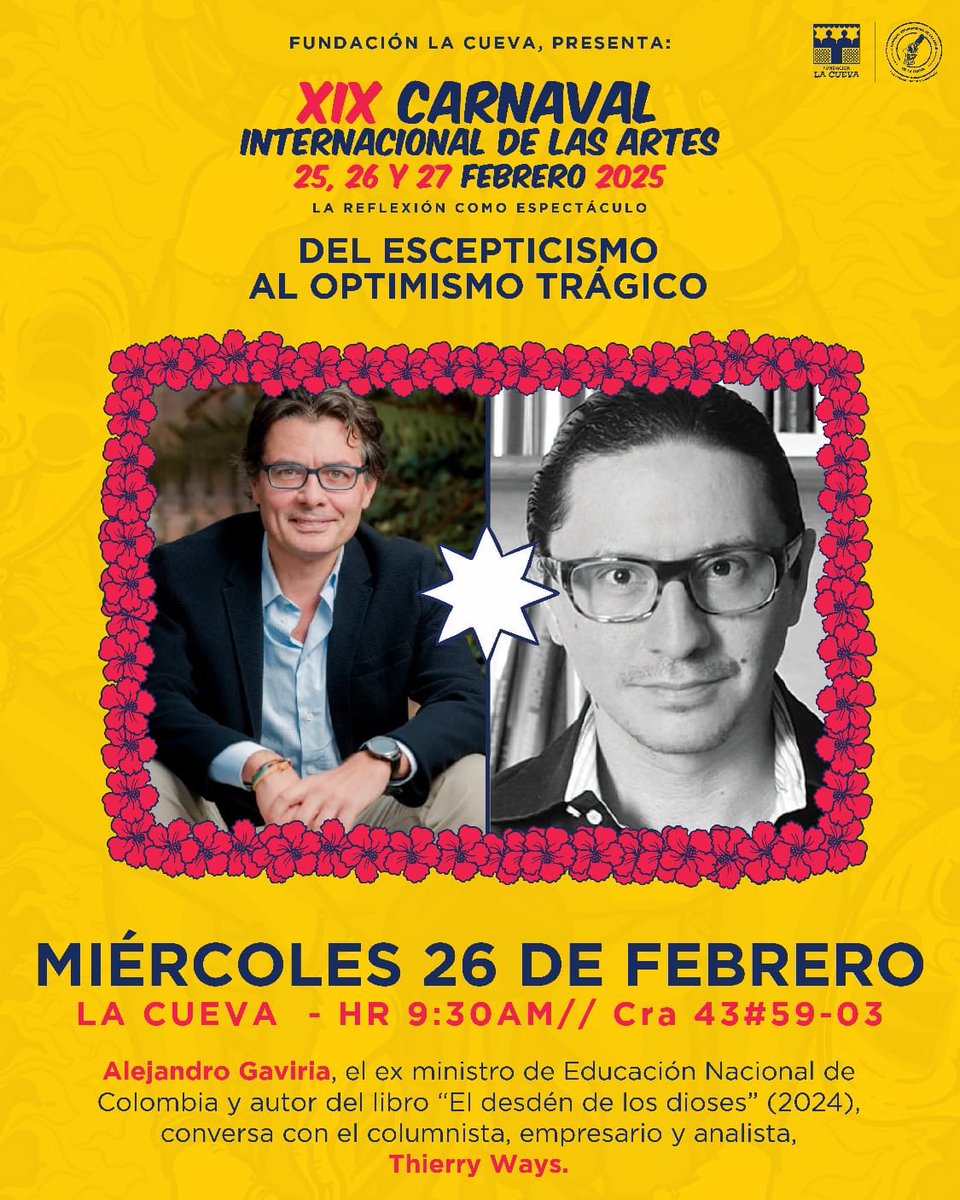 tways's tweet photo. ¡Invitados todos!

#CarnavalArtes 🎭 en Barranquilla a partir de mañana, martes 25 de febrero, hasta el jueves 27. Conversaré con @agaviriau el miércoles a las 9:30 am en La Cueva.

Entrada gratuita. ¡Los esperamos! ¡No olviden ir disfrazados! https://t.co/yUpuVvQ5ae