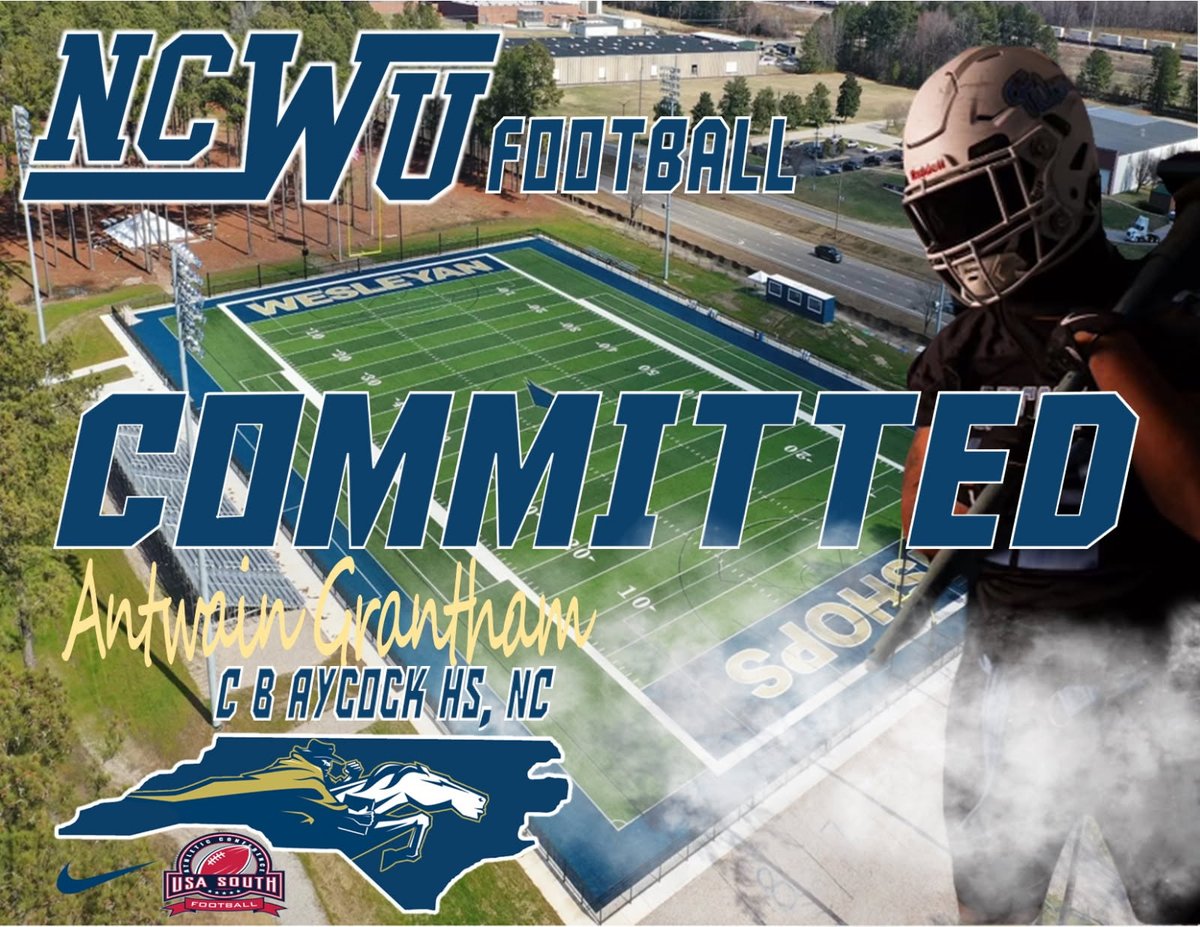 Antwain Grantham (@antwaingrantham) on Twitter photo I am happy to announce my commitment to <a href="/NCWesleyanFB/">NC Wesleyan Football</a>! Thank you <a href="/coachbrooksrb/">Coach Brooks</a> for everything and gving me the opportunity to further my football career! #gobishops <a href="/AYCOCKFOOTBALL/">C.B. AYCOCK FOOTBALL</a> <a href="/zeet81/">Thomas Zietlow</a> <a href="/rudeboy_stalley/">Coach AJ Mundle</a> <a href="/coachbrooksrb/">Coach Brooks</a> <a href="/NCWesleyanFB/">NC Wesleyan Football</a> @glim I am happy to announce my commitment to <a href="/NCWesleyanFB/">NC Wesleyan Football</a>! Thank you <a href="/coachbrooksrb/">Coach Brooks</a> for everything and gving me the opportunity to further my football career! #gobishops <a href="/AYCOCKFOOTBALL/">C.B. AYCOCK FOOTBALL</a> <a href="/zeet81/">Thomas Zietlow</a> <a href="/rudeboy_stalley/">Coach AJ Mundle</a> <a href="/coachbrooksrb/">Coach Brooks</a> <a href="/NCWesleyanFB/">NC Wesleyan Football</a> @glim