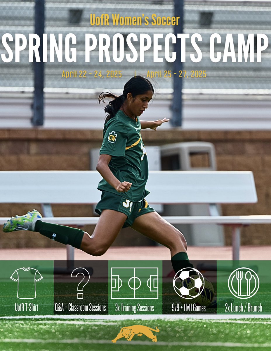 We are excited to offer 2 Spring Prospect Camps that will be taking place this April🌟

These are open invite camps for any player interested in learning about the expectations and demands of the UofR Women’s Soccer Program.

Register now while spots are available!😼