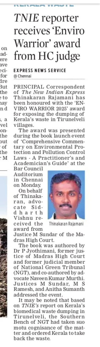 Sidprabhakar7's tweet photo. Congratulations to colleague @thinak_ for winning an 'Enviro warrior 2025' award for his outstanding work on the Kerala waste dumping issue. https://t.co/heCR0bBEQd