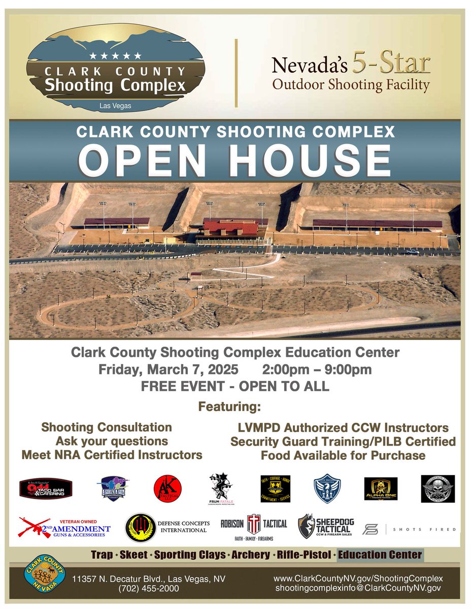 Join us for an action-packed Open House at Clark County Shooting Complex! This is your chance to explore our world-class facilities, meet expert instructors, and try your hand at various shooting disciplines.
📅 Date: Friday, March 7
⏰ Time: 2-9pm