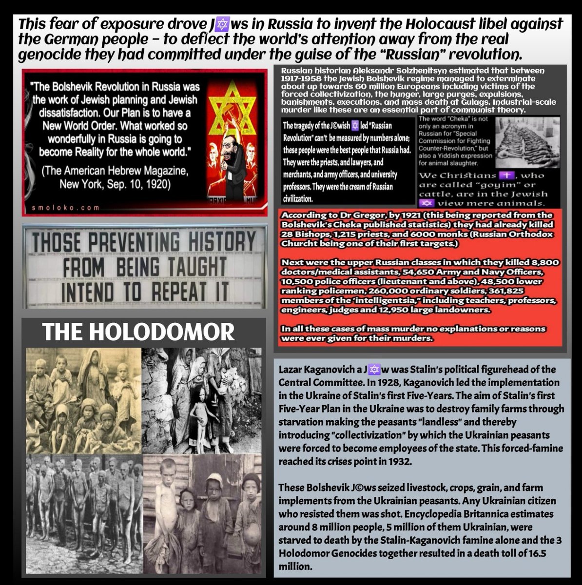 <a href="/Wordsarewordsz/">Words Are Words</a> Encyclopedia Britannica estimates around 8 million people, 5 million of them Ukrainian, were starved to death by the Stalin-Kaganovich J©wish implemented famine alone and the 3 Holodomor Genocides together resulted in a death toll of 16.5 million.
