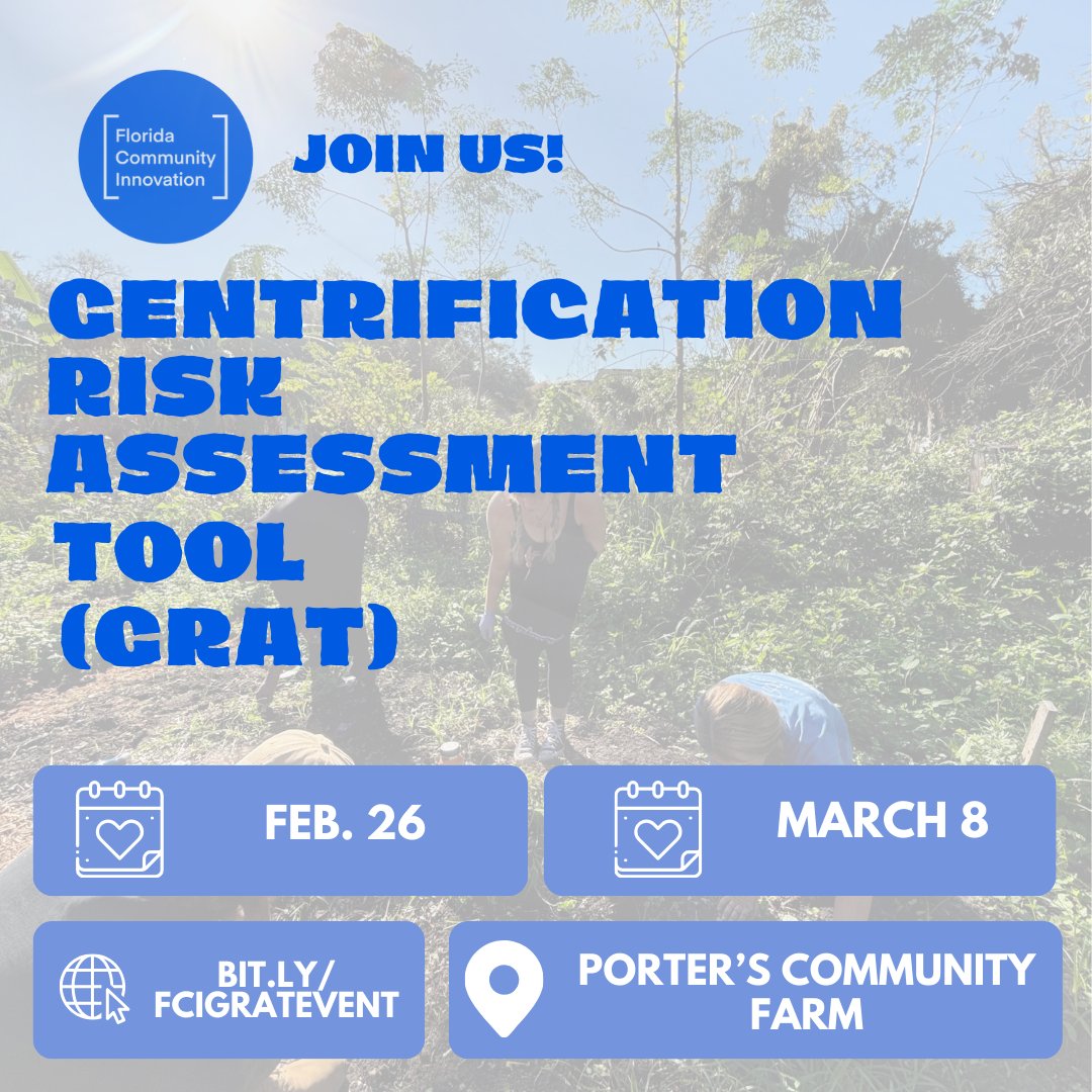 Florida Community Innovation (@flinnovation) on Twitter photo Thanks to a grant from the <a href="/GainesvilleCRA/">Gainesville CRA</a>, we're partnering with the Porter's Farm for the Gentrification Risk Assessment Tool launch.
🚨 Join the Fight Against Gentrification in Gainesville by starting the conversation! 🚨
Learn more: bit.ly/fcigratevent Thanks to a grant from the <a href="/GainesvilleCRA/">Gainesville CRA</a>, we're partnering with the Porter's Farm for the Gentrification Risk Assessment Tool launch.
🚨 Join the Fight Against Gentrification in Gainesville by starting the conversation! 🚨
Learn more: bit.ly/fcigratevent