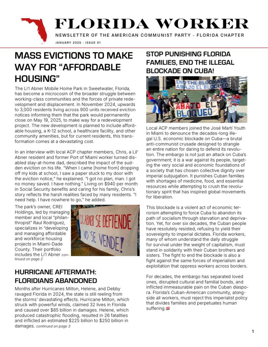 ACP_FL's tweet image. The Florida Chapter of the American Communist Party is proud to introduce the first issue of its newsletter: "Florida Worker"