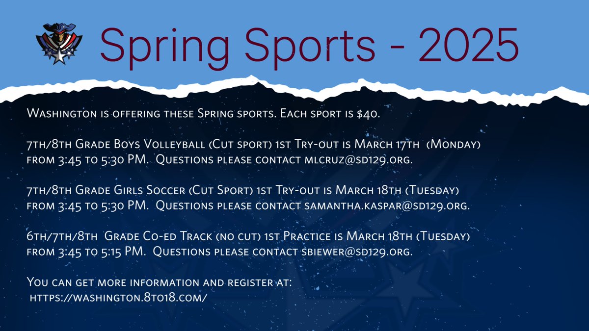 Spring sports start the week of March 17th! 🏃‍♀️🏐⚽️ Make sure you’re registered and have a physical to participate. Need info? Visit: washington.8to18.com

#TheGeneralWay #GetInvolved #SpringSports