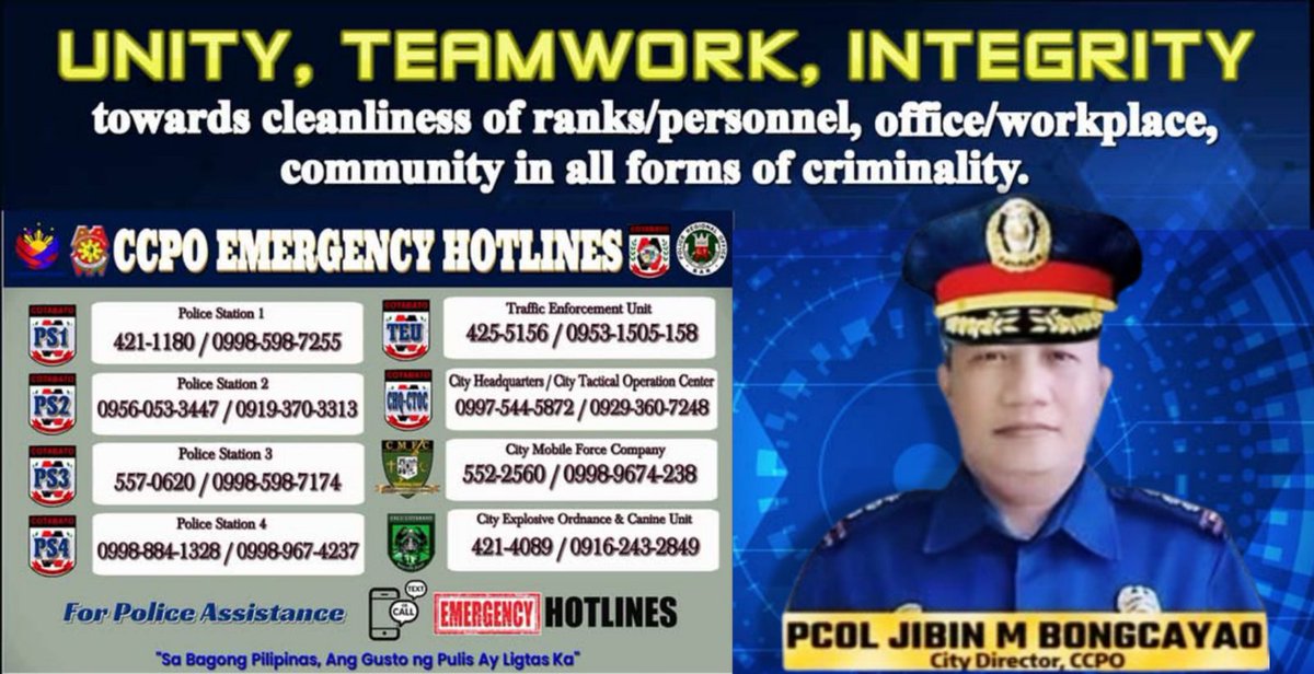 BlueMeowsolana's tweet photo. Cotabato City Police Office Emergency Hotline.

Tumawag lamang sa mga sumusunod na numero in case of emergency.

#SaBagongPilipinasAngGustongPulisLigtasKa #ToServeandProtect 
#TeamCCPO https://t.co/4jeqZRctfl